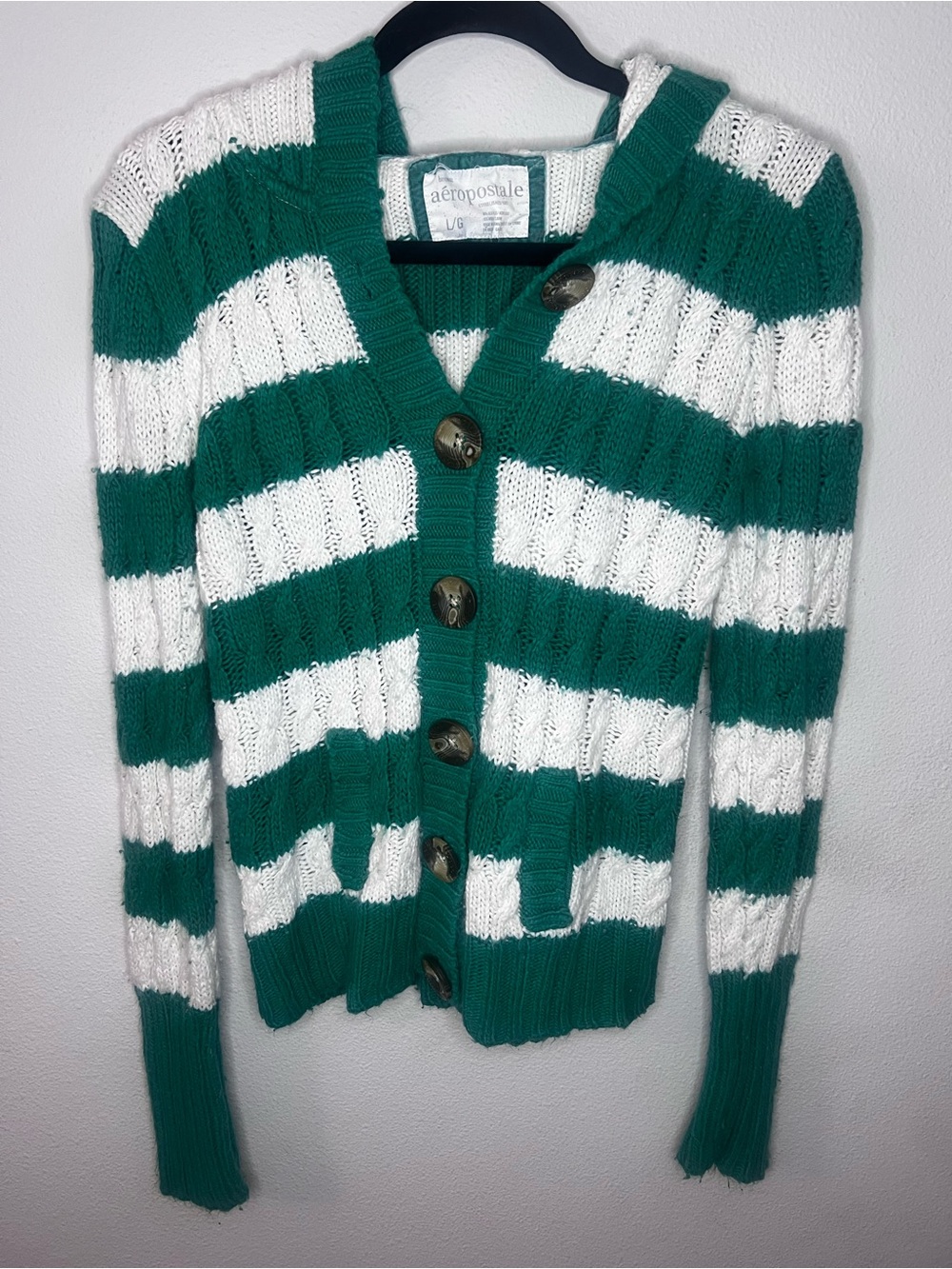 Aeropostale Teal Green and White Striped Button Cardigan-103
